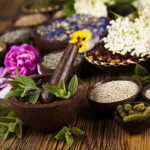 Herbal medicine, wooden table background